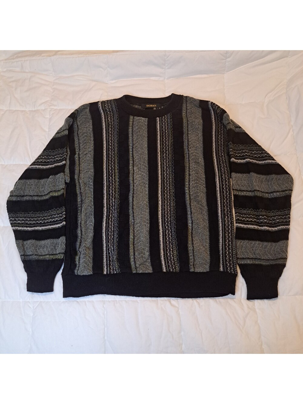 Retro Long Sleeve Sweater Geometric Striped Knit Textured Cotton Chunky Size L